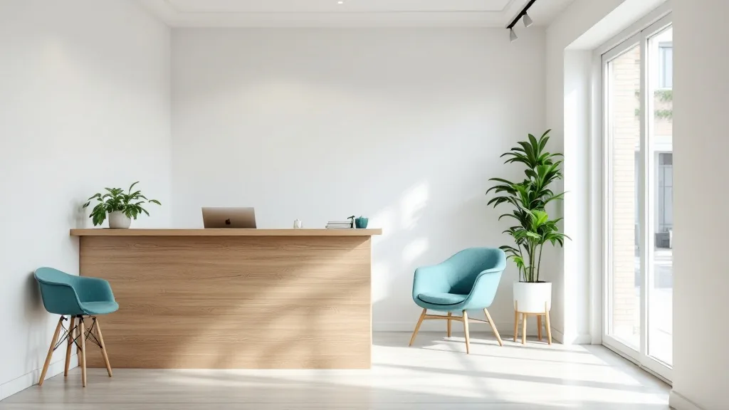 Recepción luminosa de una consulta de fisioterapia con mostrador de madera clara