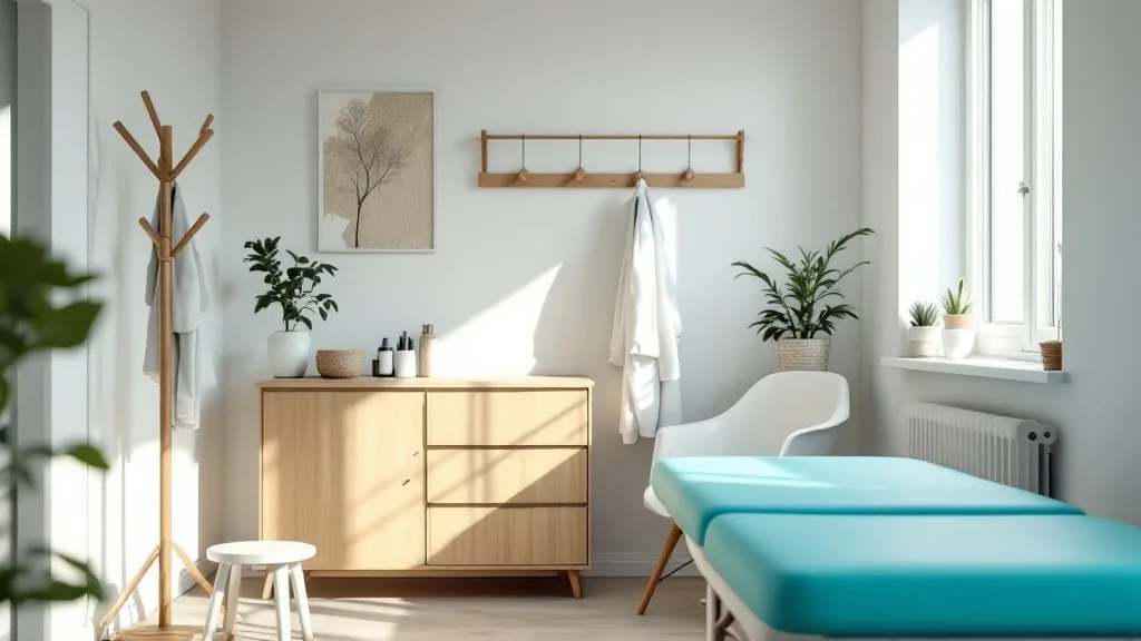 Sala de tratamiento con camilla turquesa y luz natural