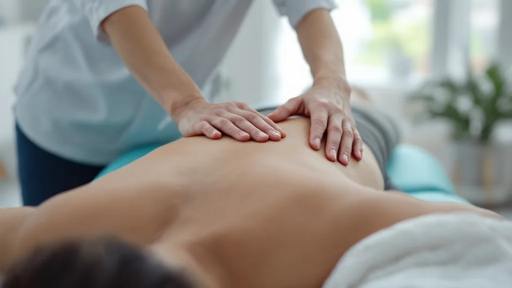 Manos de fisioterapeuta tratando la espalda de un paciente en camilla